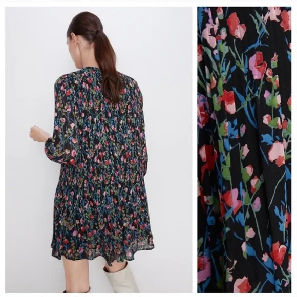 NWT | Zara Annie Dress Pleated Floral Print Medium - Picture 4 of 9
